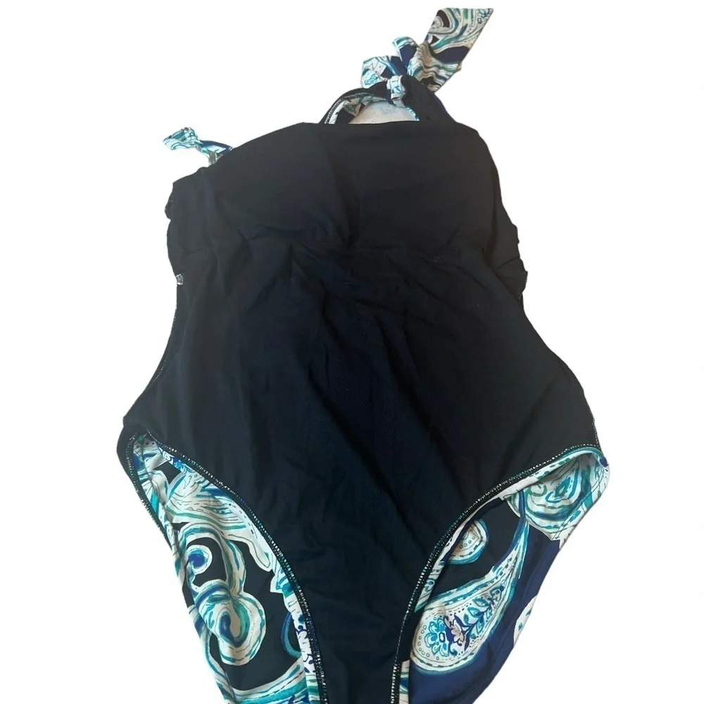 Swim Solution One Shoulder Navy Paisley One Piece Swimsuit Tummy Enhancer - Picture 15 of 15